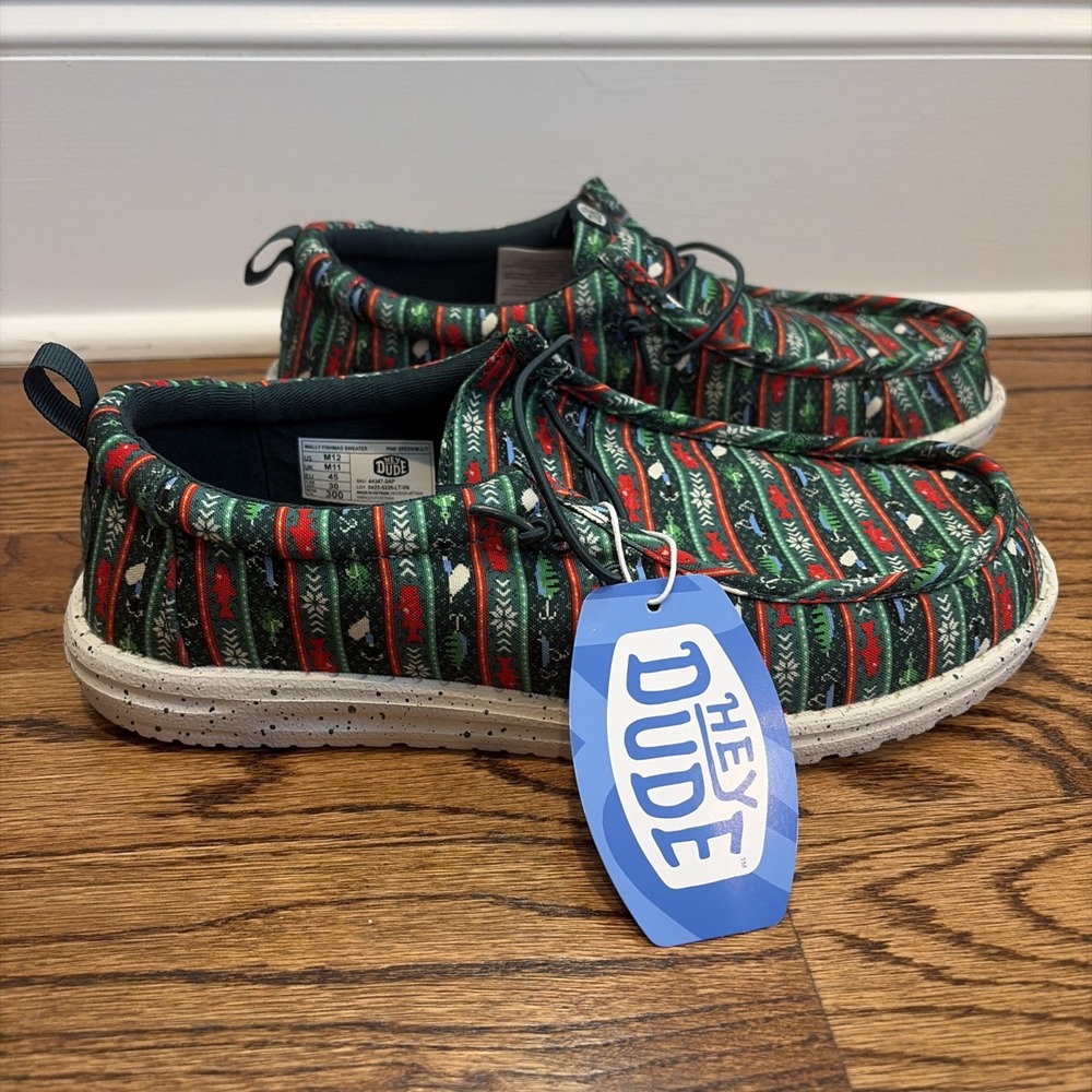 Hey Dude Wally Merry Fishmas Christmas Sweater Pine Green Shoes Men's Size 12